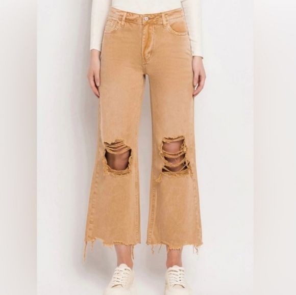 Vervet Leslie 90s Vintage Flare Distressed Cotton Jean Khaki Tan NEW - Picture 7 of 7